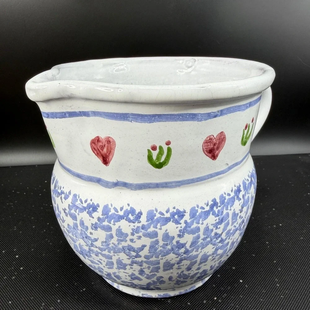 Vintage MM Portugal Hand Painted Terracotta Pitcher Blue‎ Sponge Heart Folk Art